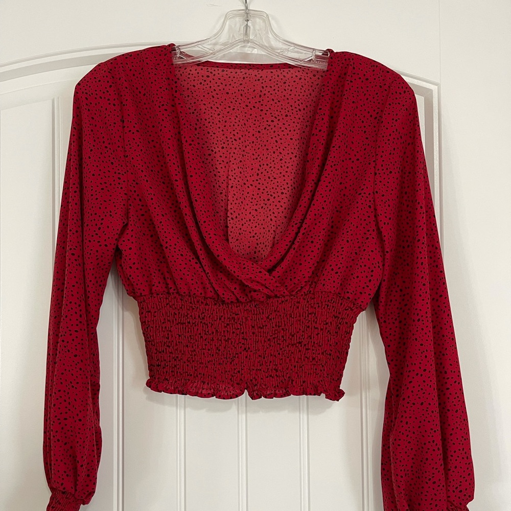 SHEIN Women’s top - red with black polka dots - size small